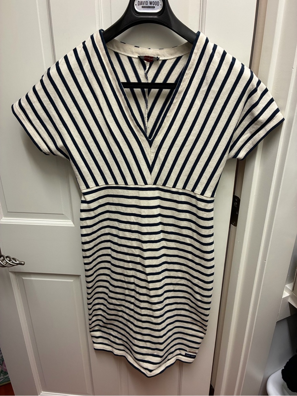 Saint James Navy and Cream Striped V-Neck Knit Mini Dress